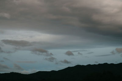 Low angle view of silhouette mountain against dramatic sky