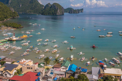 High angle view of boats in sea