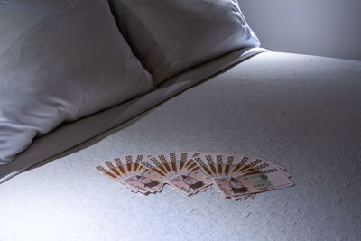 High angle view of sofa on bed at home