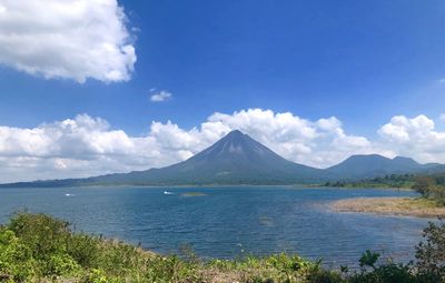 Scenic view of lake against cloudy sky