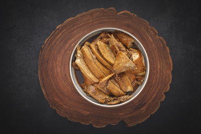 High angle view of bread in bowl on table