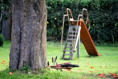 Bicycle fallen by tree on grassy field at playground