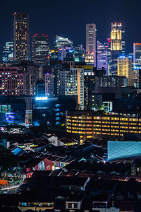 High angle view of illuminated buildings in city at night
