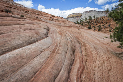 High angle view of rock formation against sky