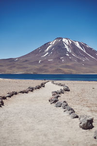 Scenic view of snowcapped mountains against clear blue sky