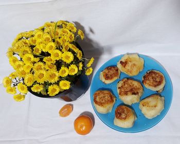 High angle view of food served on table