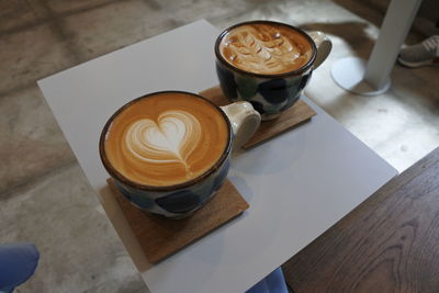 High angle view of coffee on table