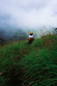 Man on field against sky in the top of mountain rinjani