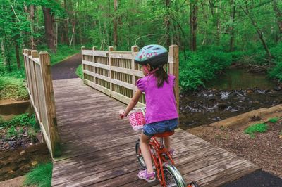 Girl standing on footbridge in forest