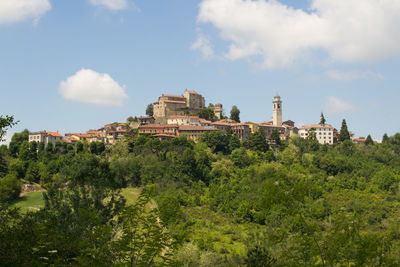 Scenic view of town against cloudy sky