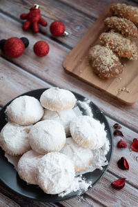 High angle view of dessert on cutting board