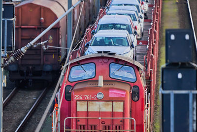 High angle view of train at railroad station