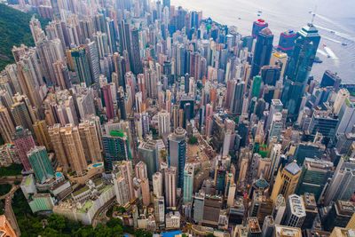 High angle view of modern buildings in city