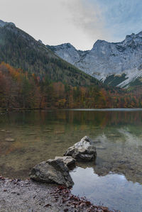 Scenic view of lake by mountains against sky