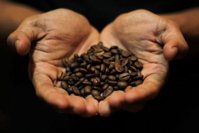 Close-up of hand holding coffee beans