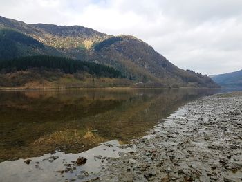 Scenic view of lake and mountains against sky