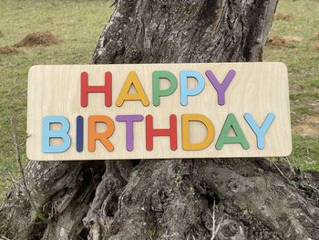 Close-up of text on tree trunk