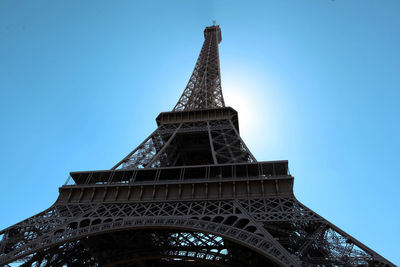 Low angle view of eiffel tower against clear sky
