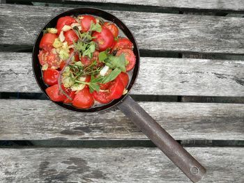 High angle view of tomatoes in bowl on table