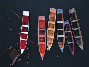 High angle view of boats moored on lake