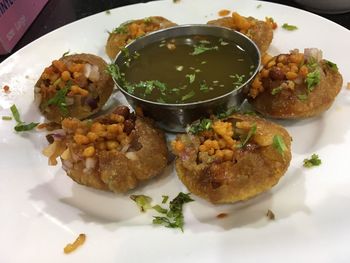 High angle view of food served in plate