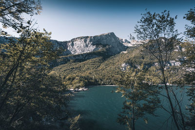 Scenic view of lake against clear sky