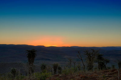 Scenic view of field against clear sky during sunset