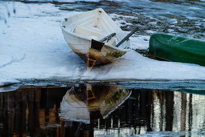 Nautical vessel in lake during winter