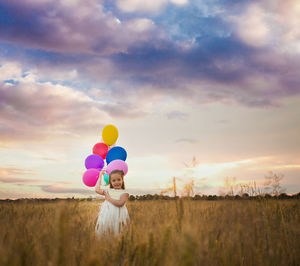 View of balloons on field against sky during sunset