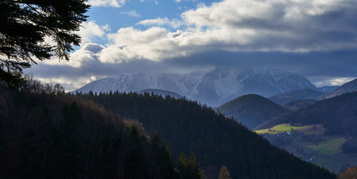 Scenic view of mountains against sky during winter