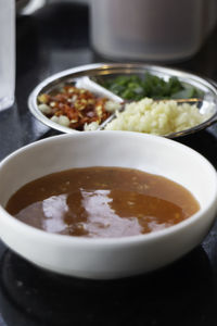 Close-up of soup in bowl on table