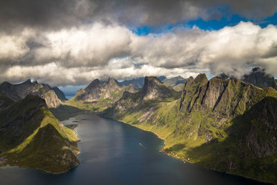Panoramic view of fjord and mountains against sky
