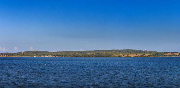 Scenic view of sea against clear blue sky