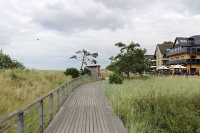 Boardwalk amidst plants and buildings against sky