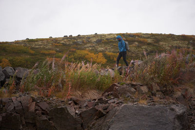 Side view of female hiker in warm clothes and with backpack trekking in rocky terrain on cloudy weather near sea