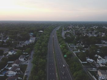 High angle view of road amidst buildings in city