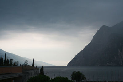 Scenic view of lake against cloudy sky