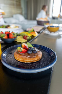 High angle view of cake in plate on table