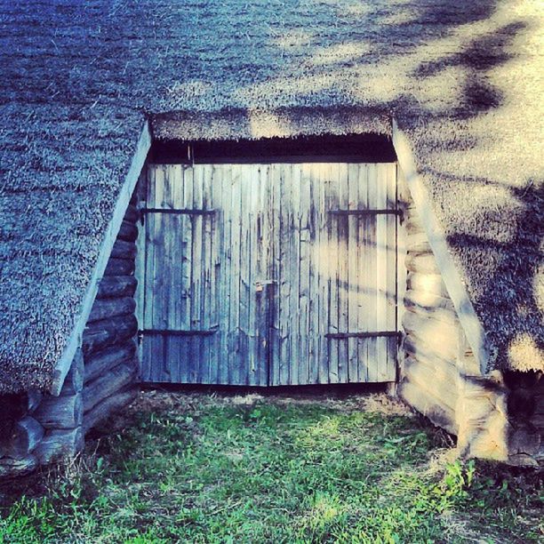 architecture, built structure, abandoned, building exterior, house, door, window, damaged, obsolete, grass, old, closed, wall - building feature, weathered, run-down, deterioration, wood - material, day, no people, sunlight