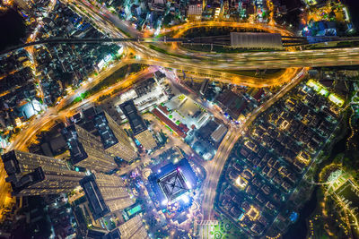 High angle view of city buildings at night