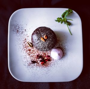 High angle view of dessert in plate on table