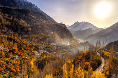 Scenic view of mountains against sky during sunset