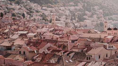 High angle view of houses in city