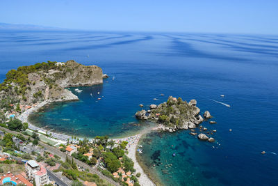 High angle view of beach against blue sky