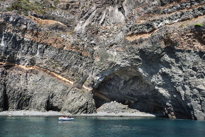 Scenic view of sea against rock formation