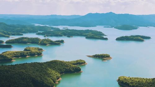 High angle view of sea and trees against sky