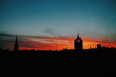 Silhouette of building against sky at dusk
