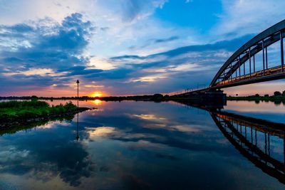 Bridge over river against sky at sunset