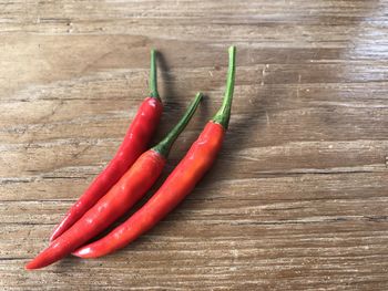 High angle view of chili peppers on table