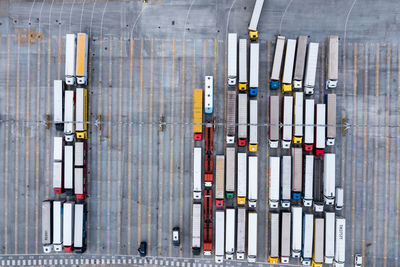 Aerial view of harbor and trucks parked along side each other in dover, uk.